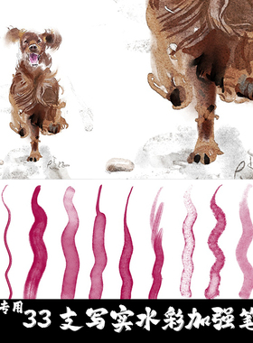 Krita5专用笔刷 33支真实水彩纸张纹理混色晕染颜料艺术手绘画笔