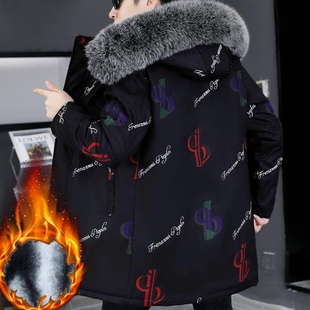 中长款连帽大棉服男士加绒加厚保暖防风印花大风衣大毛领学生上衣