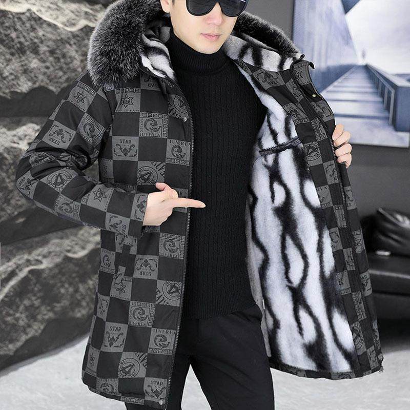 棉衣男冬季中长款外套青少年防寒棉袄格子棉服加绒加厚潮大衣男款