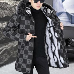 棉衣男冬季中长款外套青少年防寒棉袄格子棉服加绒加厚潮大衣男款