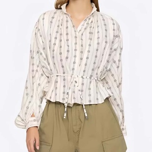 衬衣女 通勤百搭暗花纹理系带长袖 法式 趣味印花竖条纹宽松圆领衬衫