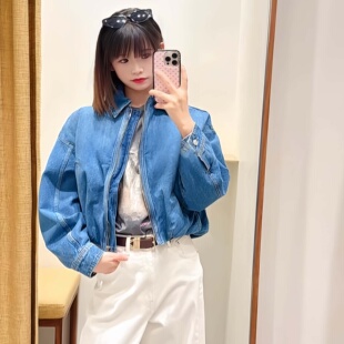 早春法式 外套 休闲水洗磨白翻领收腰牛仔夹克复古洋气拉链蓝色短款