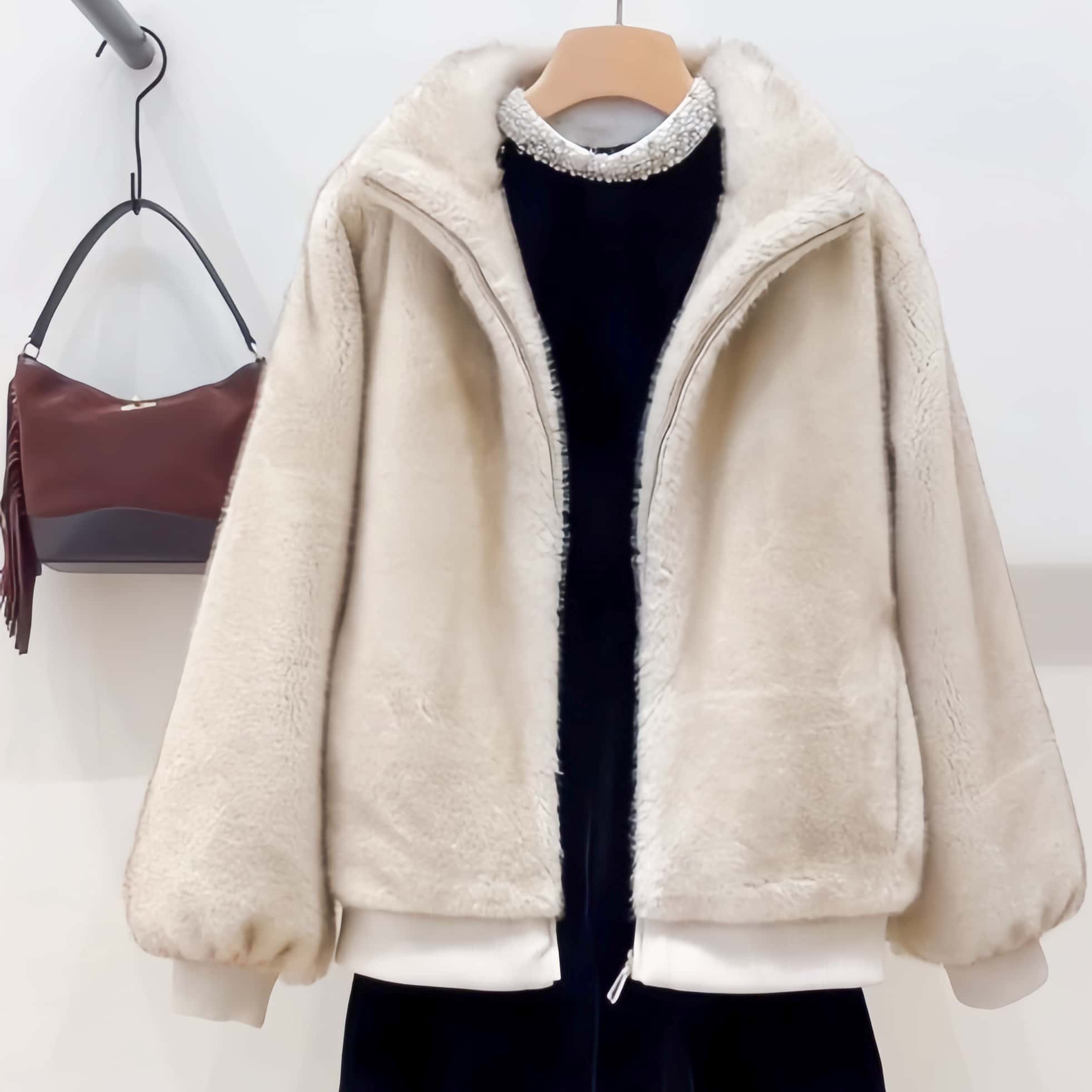 法式轻奢柔滑环保皮草立领外套女复古休闲拉链保暖毛毛夹克上衣