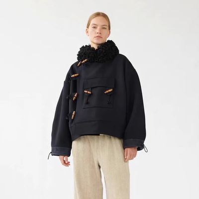 复古毛毛立领藏青色短款羊毛外套