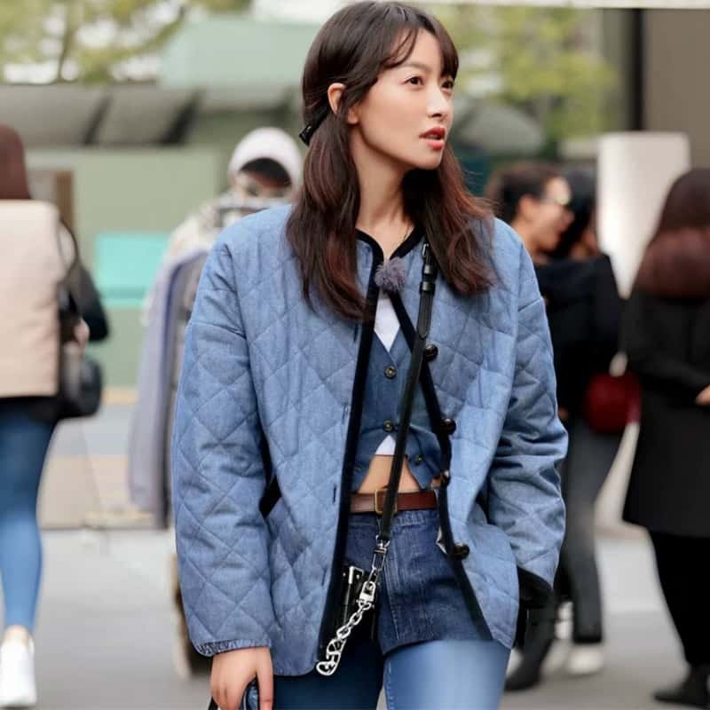 北欧小众灯芯绒拼接牛仔布绗缝菱格棉服复古休闲圆领撞色包边外套