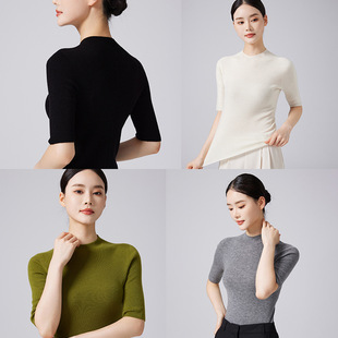 t恤上衣女装 100纯羊毛半高领五分袖 打底针织衫 无缝短袖 女早秋新款