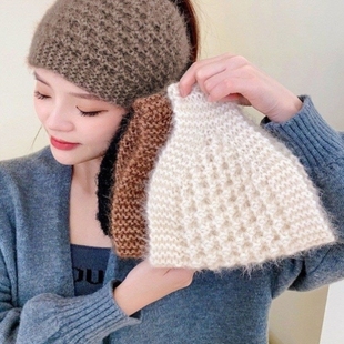 毛线针织帽子晚上睡觉女秋冬季遮白发护额头神器保暖护耳发带冬天