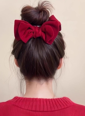 儿童新年红色蝴蝶结丸子头抓夹气质高马尾发夹子高级感盘发夹头饰