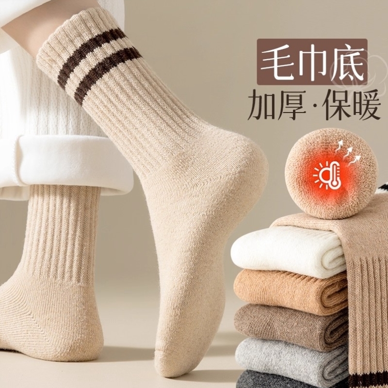 超厚羊毛袜子女秋冬中筒袜加厚保暖棉袜加绒条纹长筒毛巾长袜冬天
