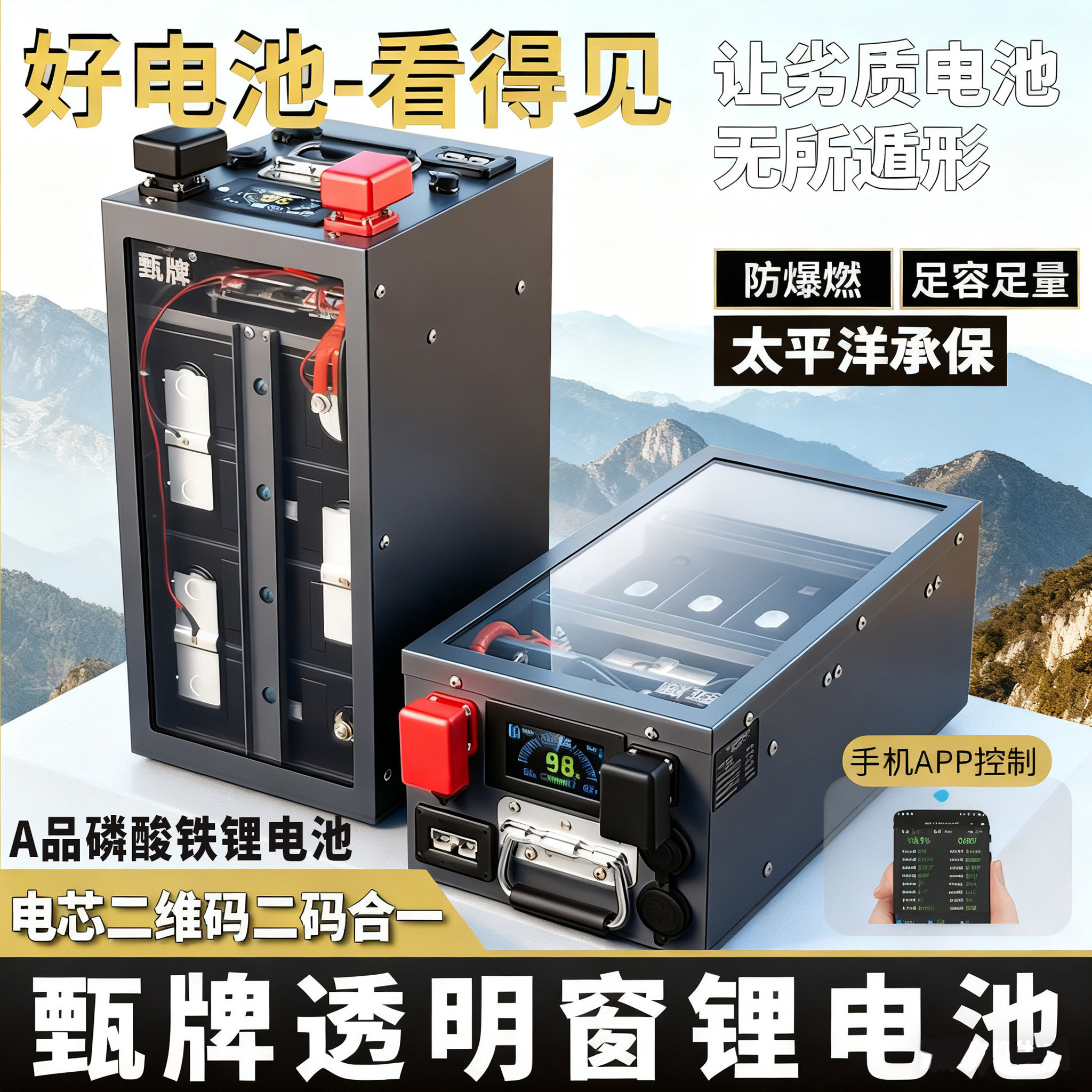 甄牌房车磷酸铁锂电池12V24V48光伏储能电池床车改装透明户外电源