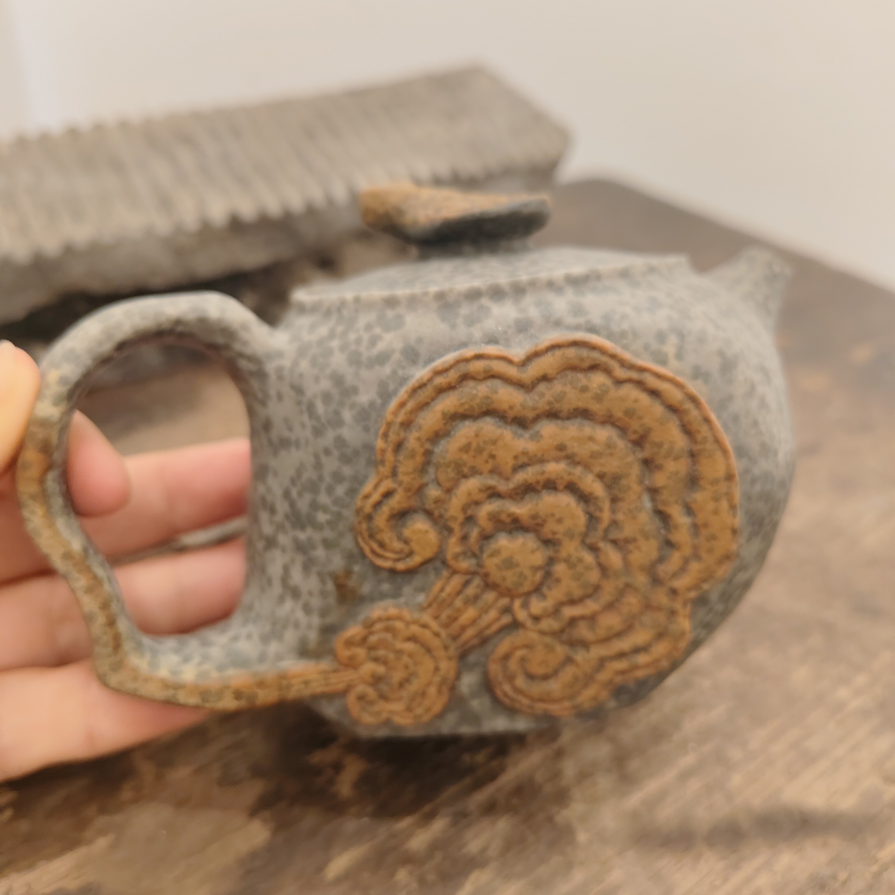 豹纹冰碛岩纯手工随型灵芝随型壶【木灵芝】双皮壳玉质透光240cc