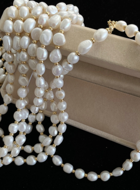 国内代工厂Ni@laya 巴洛克淡水天然米形珍珠项链 镀金隔珠