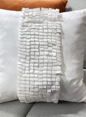 清库存麂皮绒白色纯手工打褶工艺性装饰抱枕45x45沙发床上靠垫