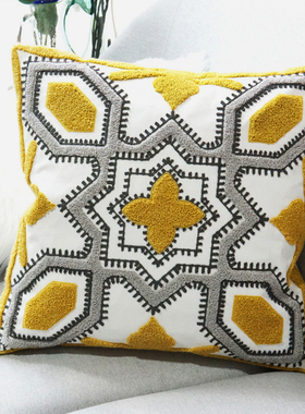 黄色八角现代北欧新古典民宿ins毛巾绣沙发棉质抱枕黄色绣花靠垫