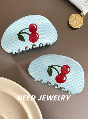 夏日甜美少女发抓定制Cherry cream红色樱桃奶油蓝格纹盘发抓夹