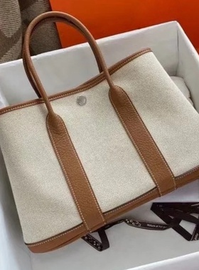 H家全手工蜡线2025花园包30cm新款negonda金棕牛皮拼帆布包