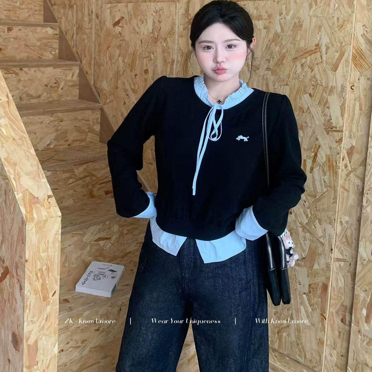 【自制清仓】秋冬新款拼接假两件刺绣 内搭打底衫（不退换