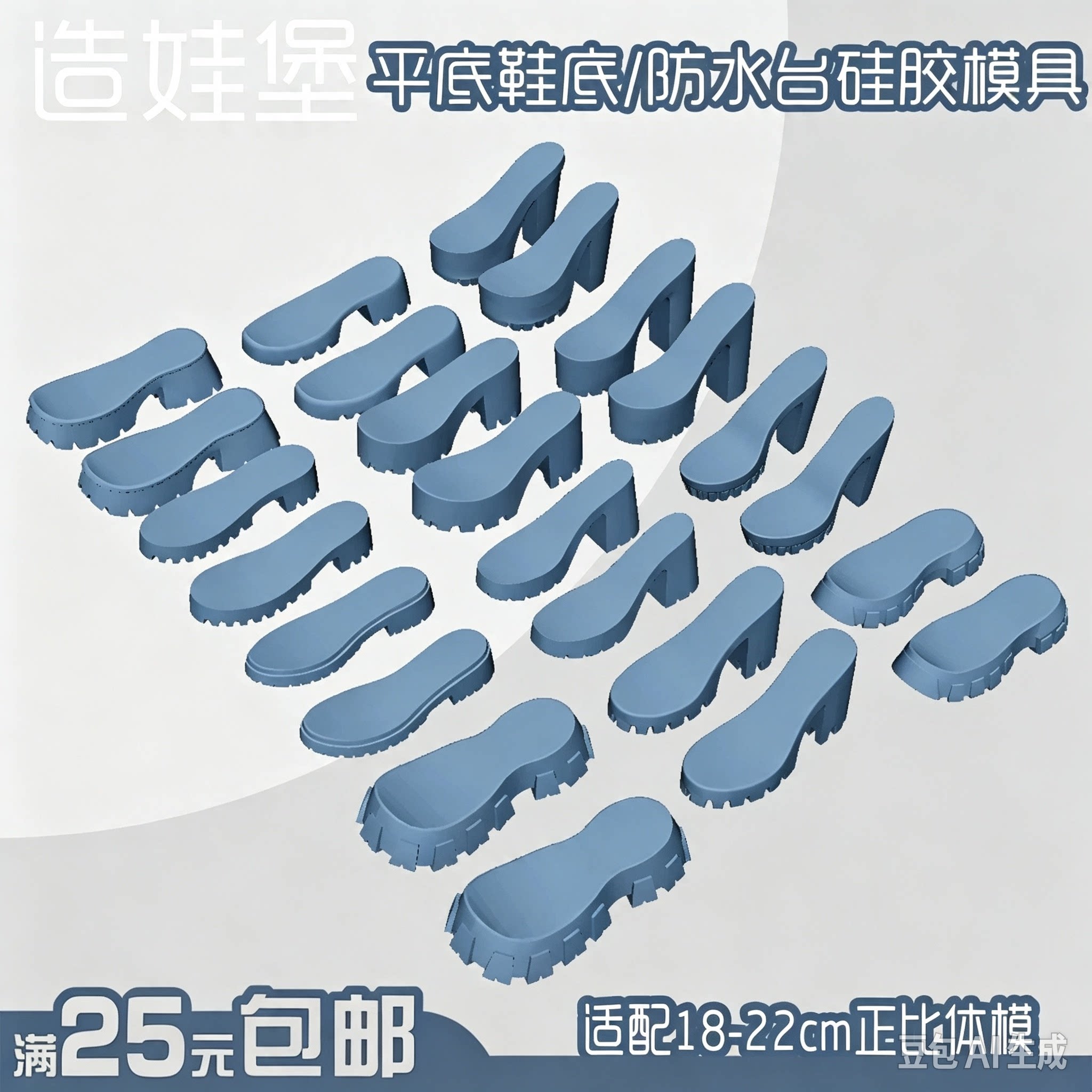 造娃堡独家同款正比平底鞋/防水台硅胶模具超轻粘土软陶翻糖DIY