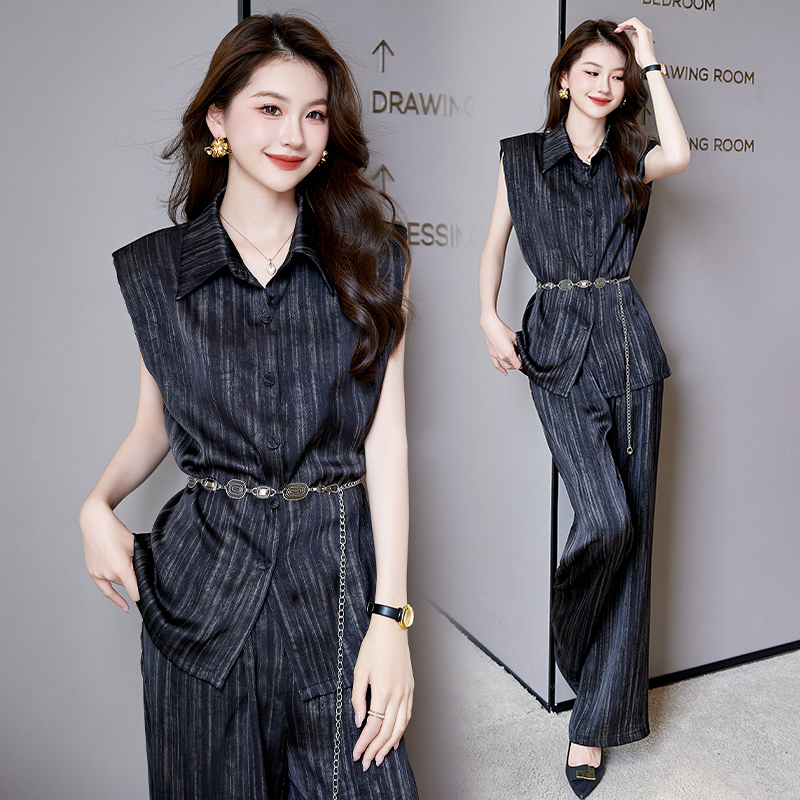 休闲时尚套装女2025夏季新款职业装气质收腰无袖上衣阔腿裤两件套