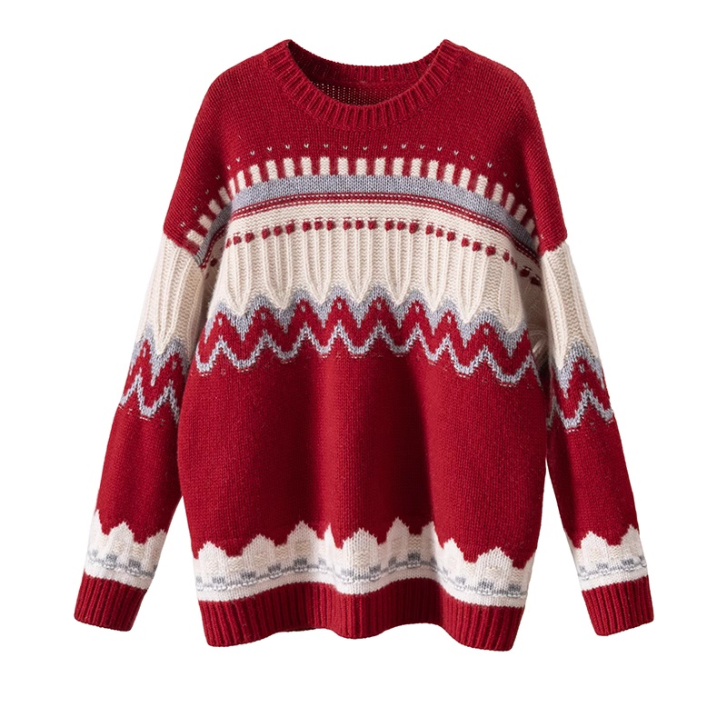 秋冬季新年红色毛衣费尔岛提花圆领羊绒针织衫毛衣女本命拼色打底