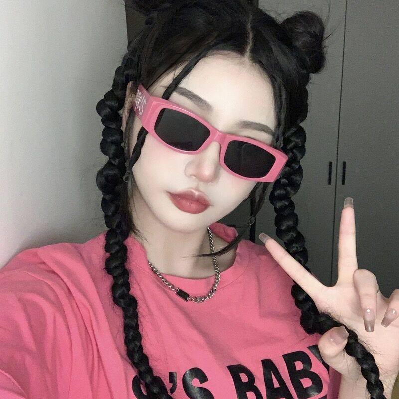 显白显瘦玫红色字母糖果色长方形太阳镜欧美粉色网红男女朋克墨镜