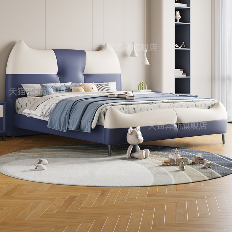 儿童床男孩1.5米青少年皮艺双人床猫抓皮公主床现代简约卡通皮床