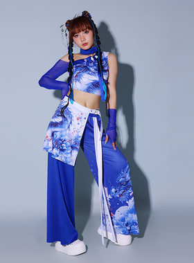 蓝色成人国风舞蹈服女套