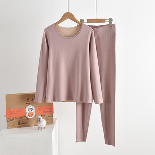 慕羊德绒保暖内衣套装羊绒蚕丝秋冬季圆领发热加绒加厚女士秋衣裤