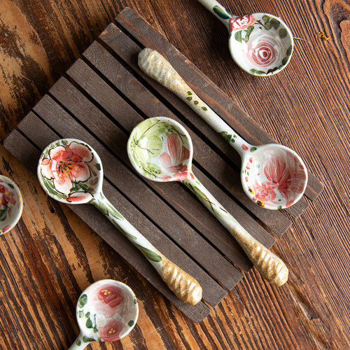 中式陶瓷勺子手工花朵彩绘汤勺景德镇粗陶家用餐具圆形勺调羹粥勺