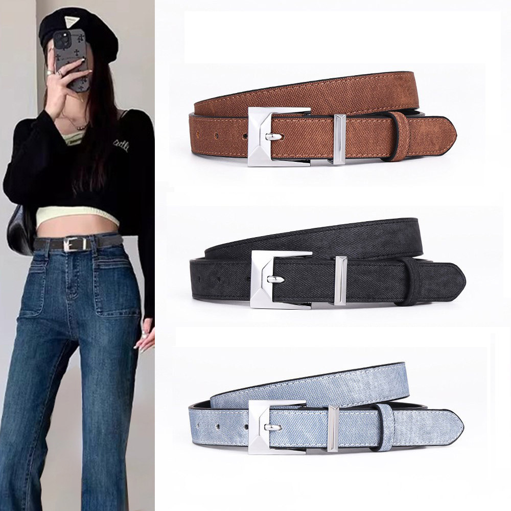 皮带女款真皮牛仔布纹针扣腰带时尚潮流百搭配牛仔裤西裤装饰裤带