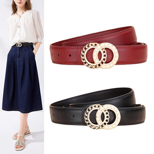 皮带女士真皮平滑扣腰带女装饰双圆环镶珍珠钻石简约百搭西装裤带