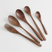 黑胡桃木勺子家用高档木勺叉套装 米饭勺汤勺长柄搅拌勺甜品勺叉子