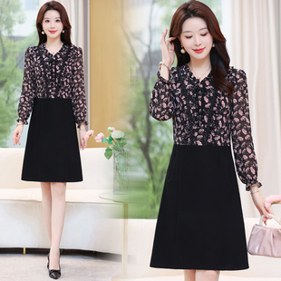小个子洋气减龄假两件雪纺碎花拼接连衣裙女春季中年妈妈a字裙子