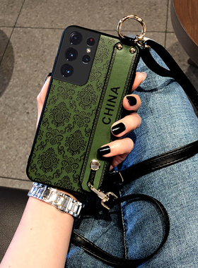 DLARA适用于三星S21plus手机壳S21保护套S20外壳中国风腕带款+斜挎挂绳21ultra国潮note20ultar皮质手感