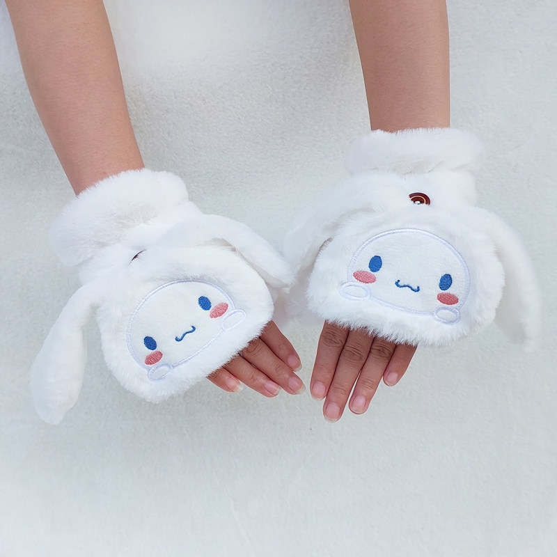 韩版可爱卡通长耳朵狗学生双层加绒保暖写字半指翻盖手套女冬季