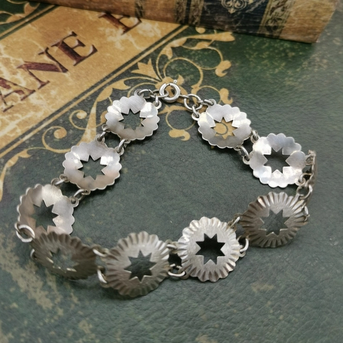 Vintage中古欧洲回流sterling老银镂空花朵手链19cm