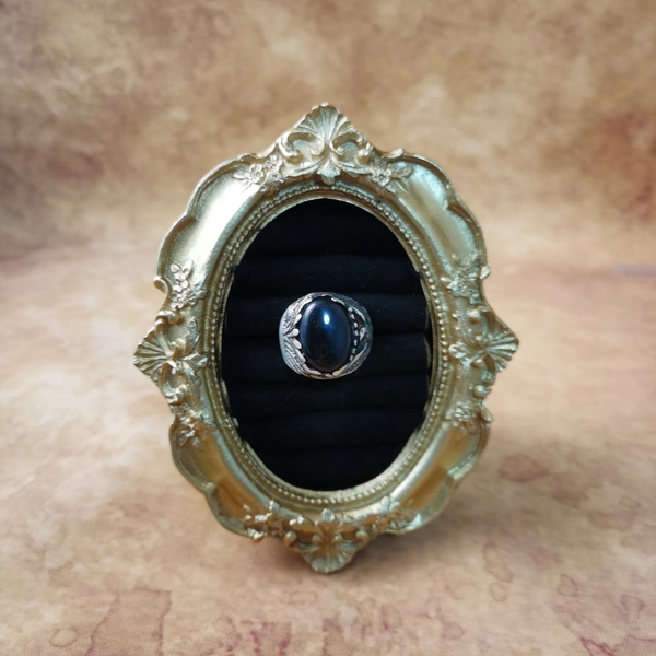 Vintage中古925银老手作款黑玛瑙戒指22号