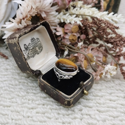 Vintage中古欧洲回流silver老银黄虎晶戒指15号