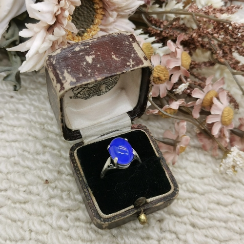 Vintage中古欧洲回流silver老银蓝玛瑙戒指11号