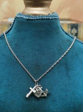 Vintage中古欧洲回流925银十字架船锚爱心吊坠