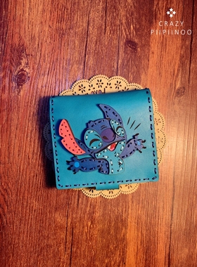 星际宝贝蓝色史迪仔手工牛皮短款钱包卡包（款式可以定制哦）