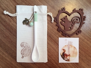 原创天然橡果楠木勺原木勺陶瓷勺便携布袋餐具勺zaka配杯盖勺子