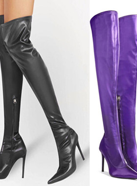 12CM细跟高跟性感紫色过膝长靴女靴子尖头恨天高模特大码反串靴子
