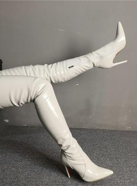 特高筒靴白色漆皮SM尖头超高跟欧洲站女靴男靴显瘦弹力定制性感靴