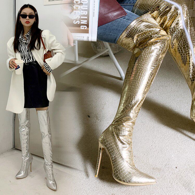 细跟尖头大腿长靴高跟过膝靴金色银色鳄鱼纹漆皮女鞋夜店舞台表演