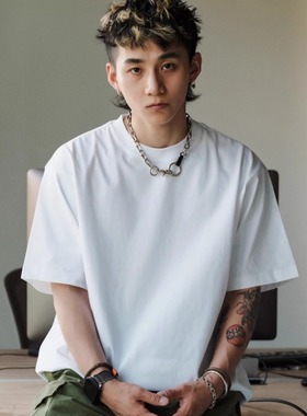 PrintsCrew 320克日系小领口短袖T恤重磅宽松纯棉半袖打底TEE男女