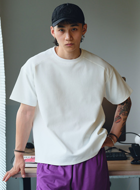 PrintsCrew轻量220克弹性华夫格短袖机能户外纯色圆领宽松T恤男士