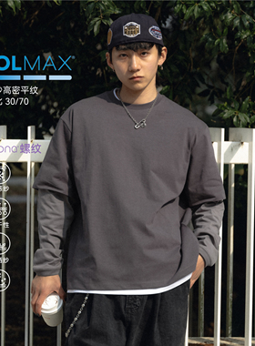 PrintsCrew重磅棉COOLMAX假两件拼接长袖圆领T恤宽松百搭潮流男士