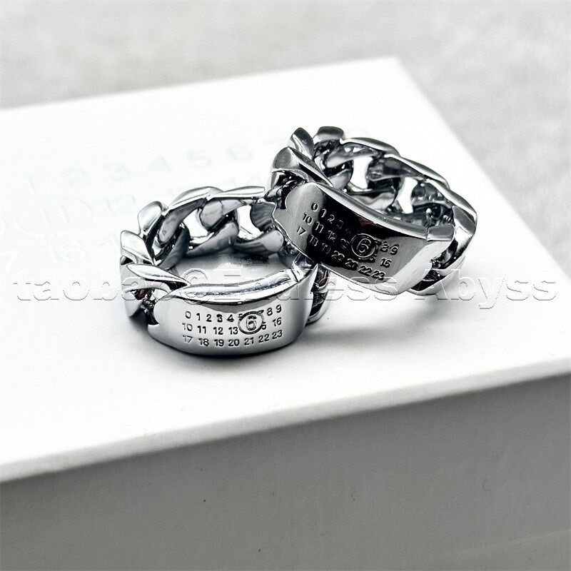 Endless Abyss 数字铭牌戒指黄铜镀925银古巴链条极简情侣指环