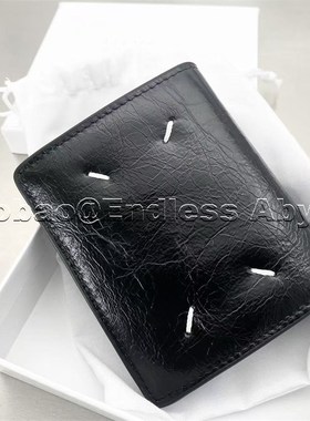 Endless Abyss 21ss油蜡牛皮四角缝线钱包竖款经典对折卡包零钱包